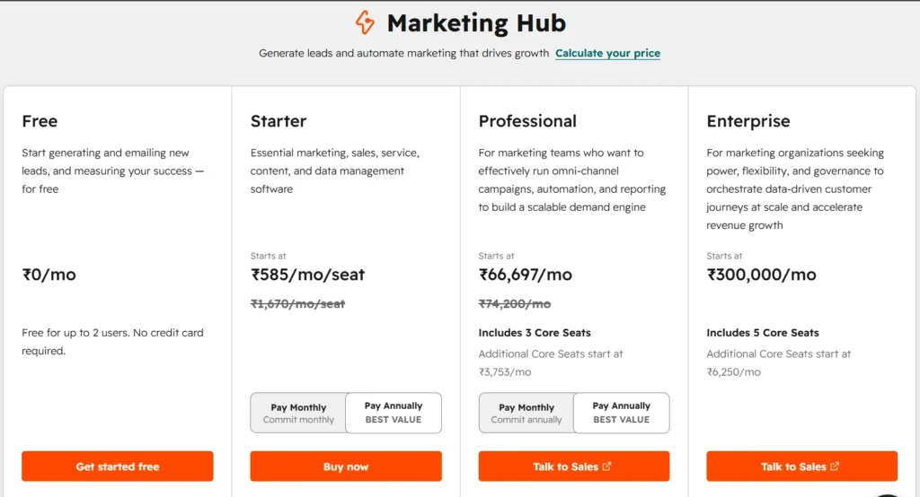 HubSpot Marketing Hub pricing plans showing Free, Starter, Professional, and Enterprise subscription tiers with monthly pricing and included seats.