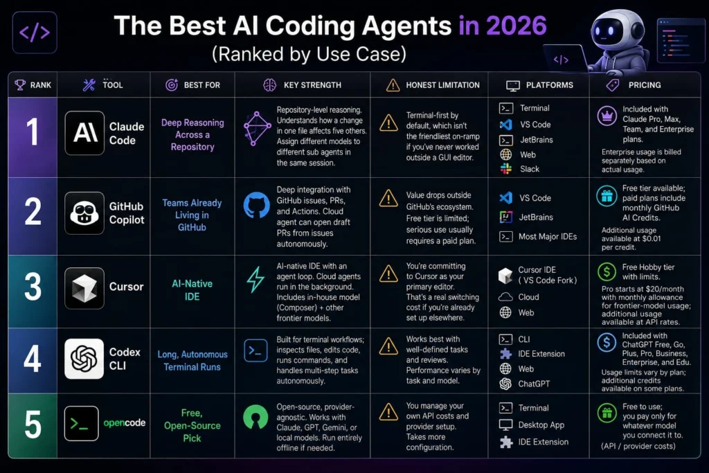 Ranked comparison of the best AI coding agents in 2026: Claude Code, Copilot, Cursor, Codex CLI, and opencode