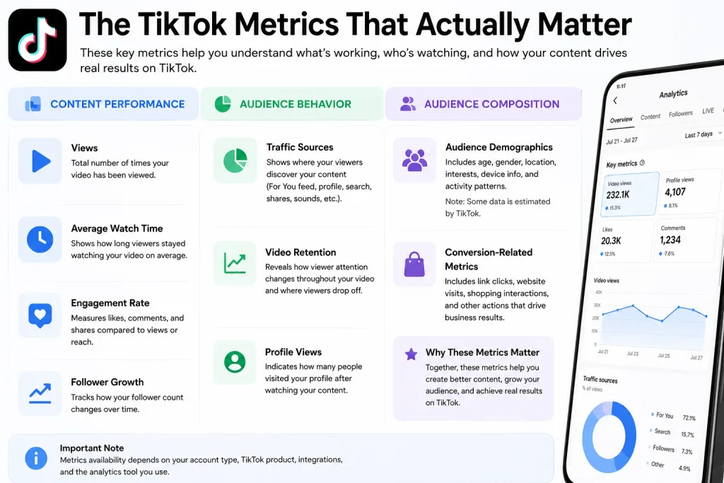 Infographic grouping the key TikTok metrics to track by content, audience behavior, and demographics