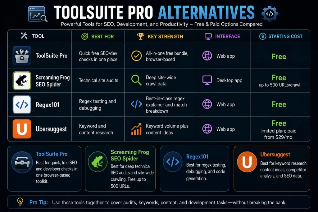 ToolSuite Pro alternatives comparison table: Screaming Frog, Regex101, and Ubersuggest for SEO and dev tasks
