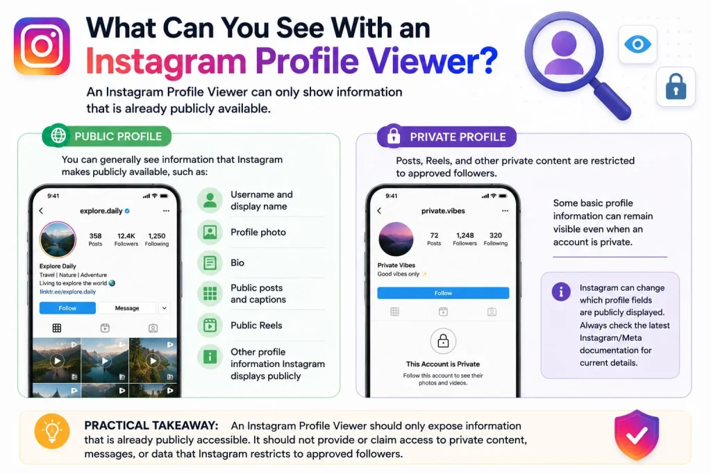 Side-by-side comparison of what's visible on a public vs. private Instagram profile through a profile viewer