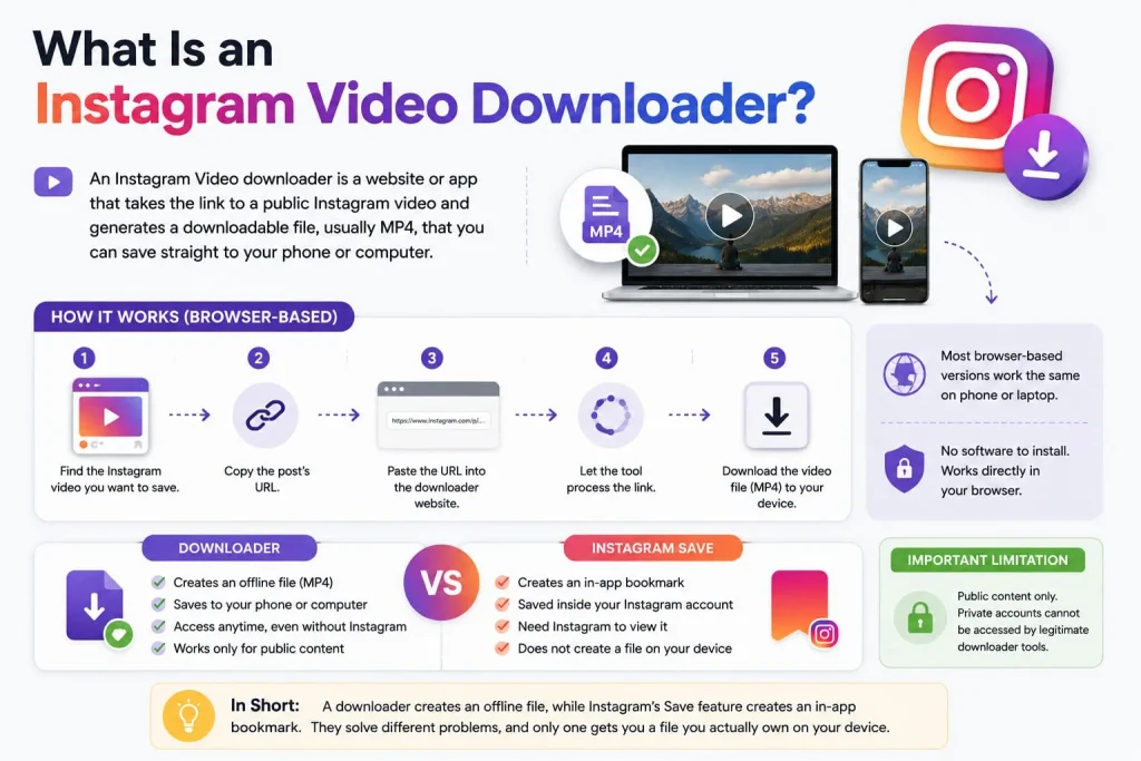 Infographic: how an Instagram Video Downloader works in 5 steps, plus downloader vs Instagram Save comparison