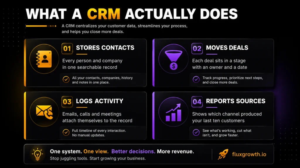 The four jobs a CRM does: stores contacts, moves deals through stages, logs activity, and reports lead sources