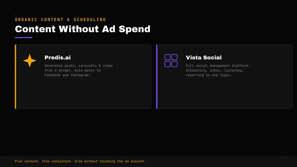 Predis.ai and Vista Social compared for AI Facebook content generation and scheduling