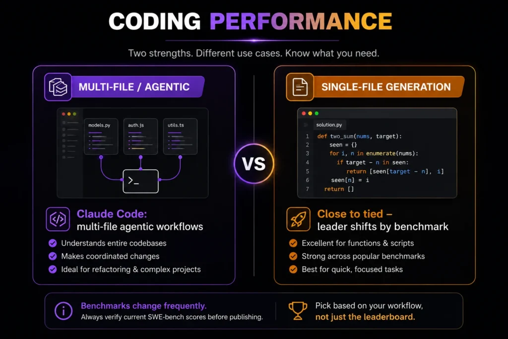 ChatGPT vs Claude coding performance compared for multi-file and single-file tasks