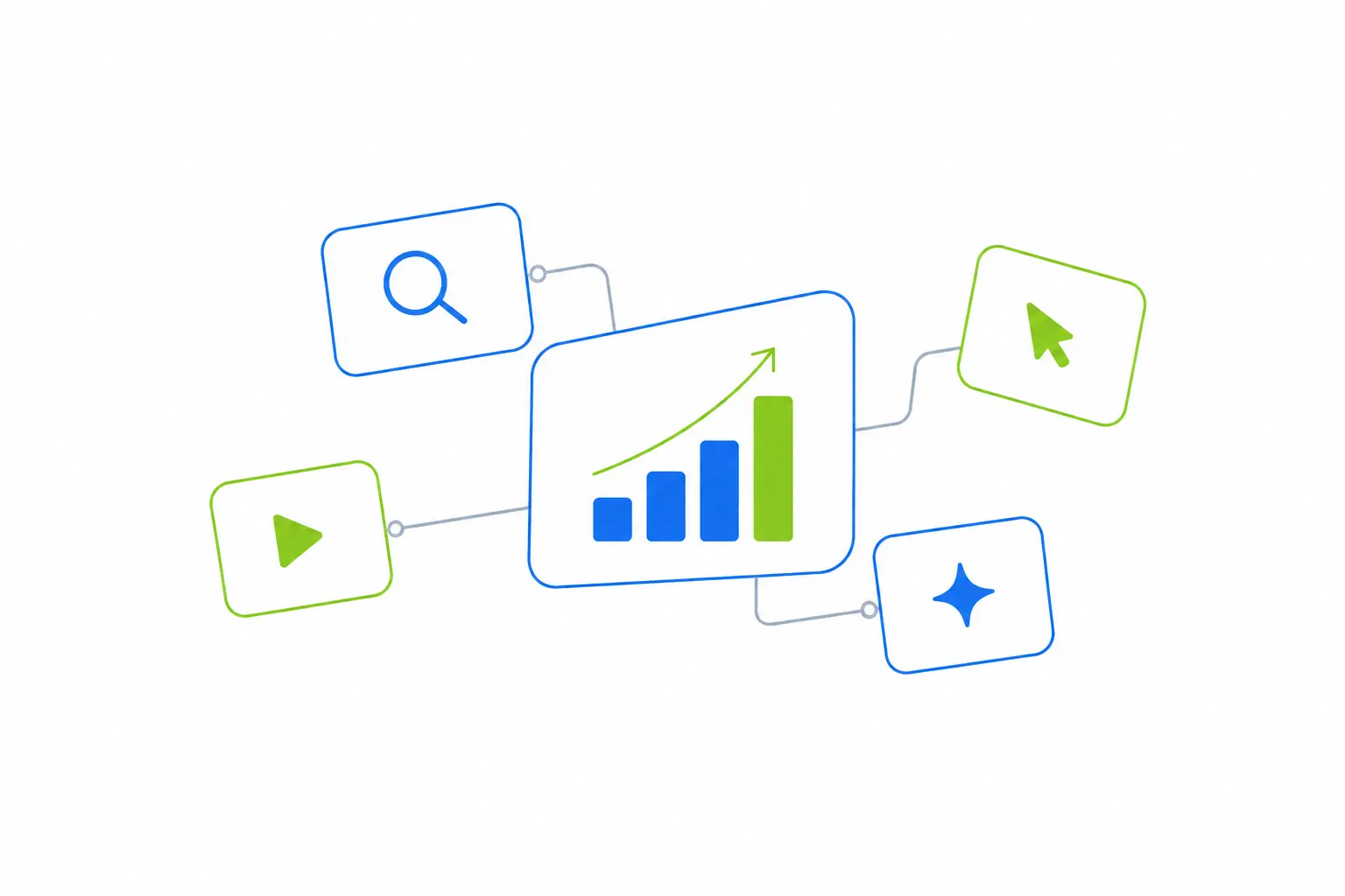 Illustration of AI marketing tools connected to a rising growth chart, with search, video, cursor and AI icons