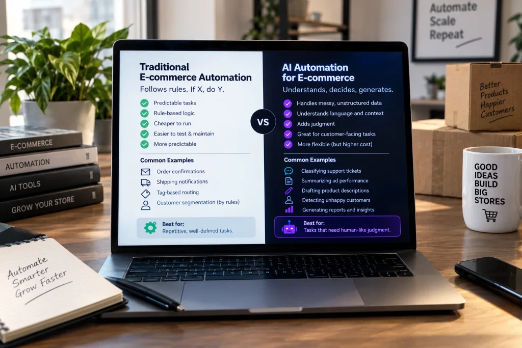 Comparison of traditional automation vs AI automation for e-commerce, showing best uses, examples, and trade-offs