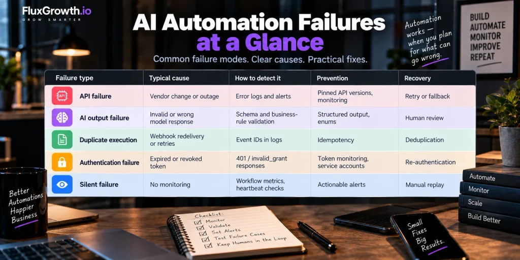 Table of five AI automation failures with typical cause, how to detect it, prevention, and recovery for each