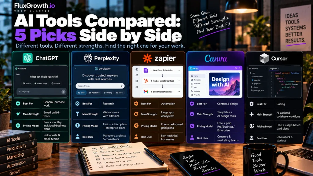 AI tools compared side by side: ChatGPT, Perplexity, Zapier, Canva, and Cursor by best use, strength, and pricing