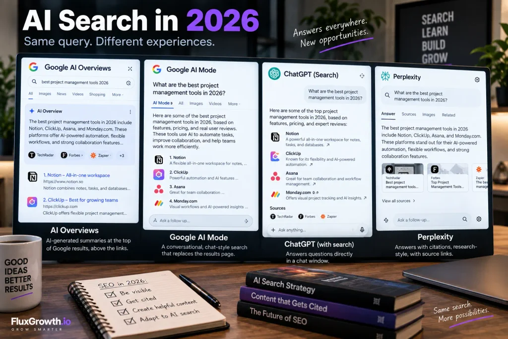Google AI Overviews, AI Mode, ChatGPT, and Perplexity answering the same query, comparing the four AI search surfaces in 2026