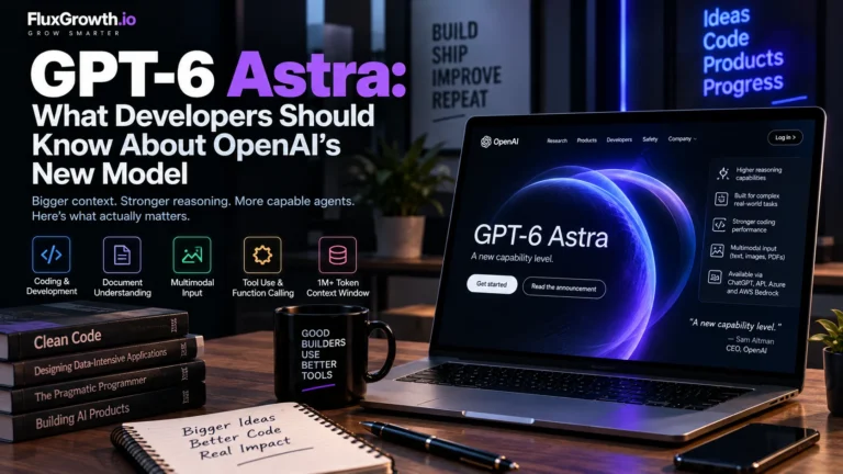 GPT-6 Astra developer guide graphic: OpenAI's new model shown on a laptop beside coding books and dev tools