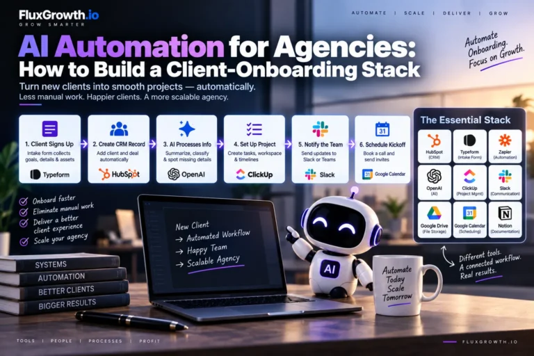AI automation for agencies: a 6-step client-onboarding workflow from intake form to kickoff, plus the essential tool stack