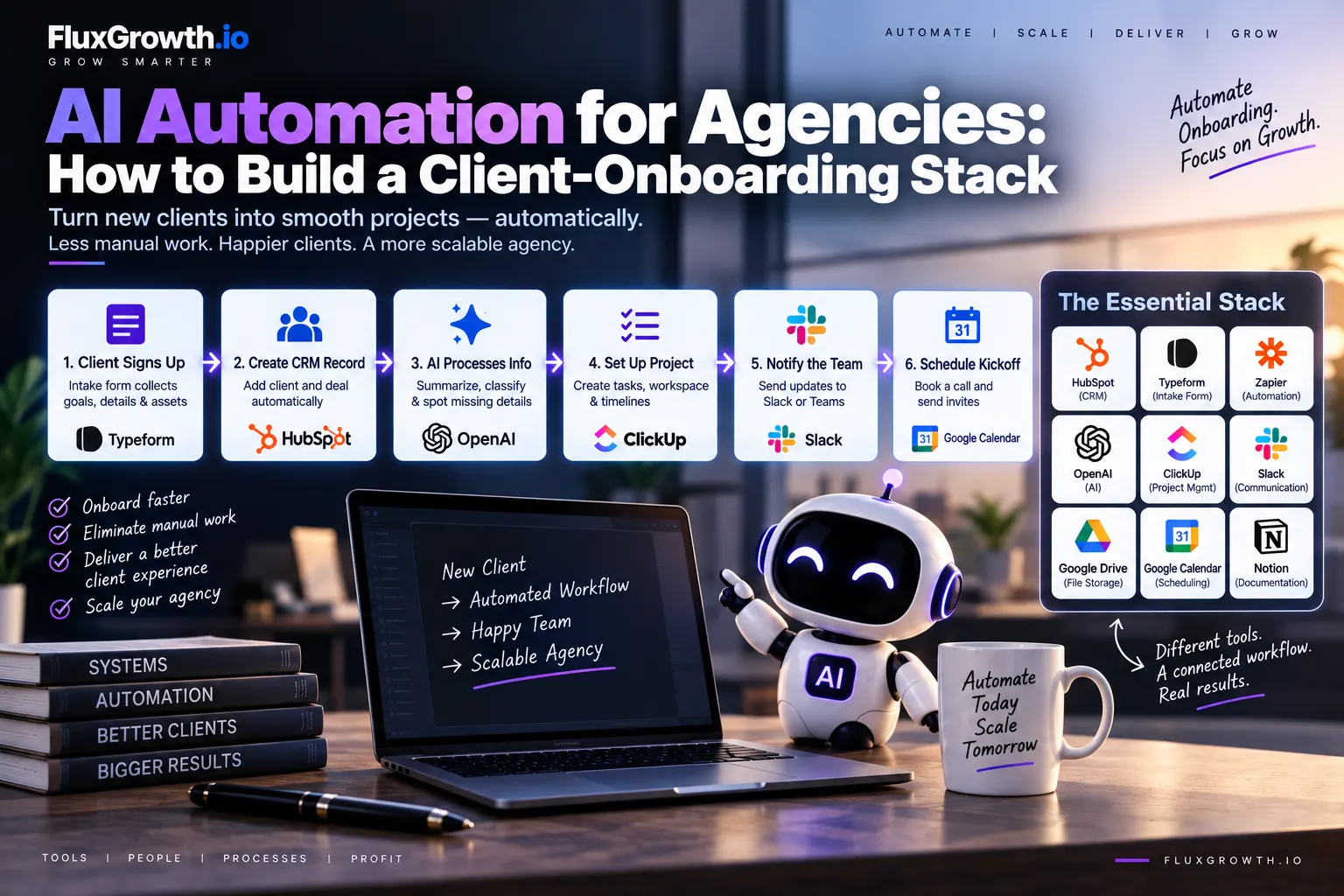 AI automation for agencies: a 6-step client-onboarding workflow from intake form to kickoff, plus the essential tool stack