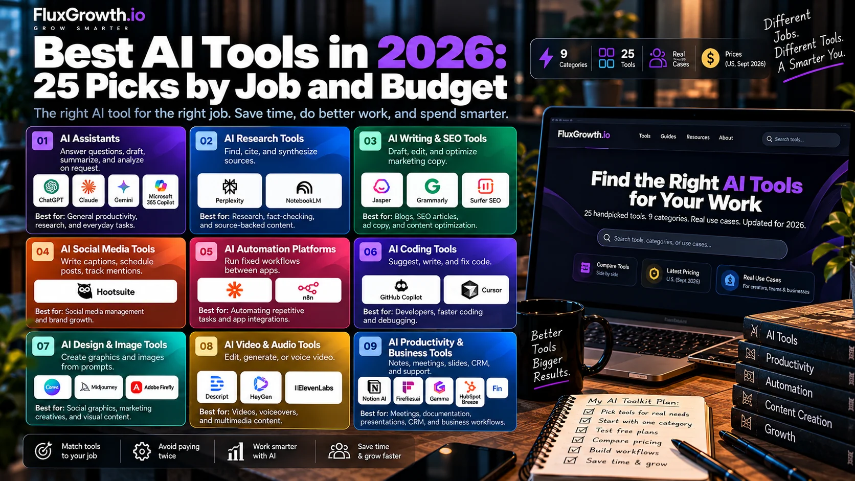 Best AI tools in 2026 infographic showing 25 AI tools grouped into nine categories by job and budget