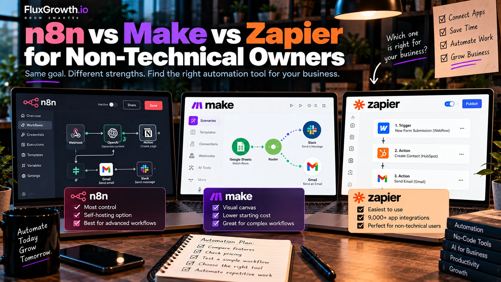 n8n vs Make vs Zapier comparison: three laptops showing each tool's workflow builder with key strengths listed