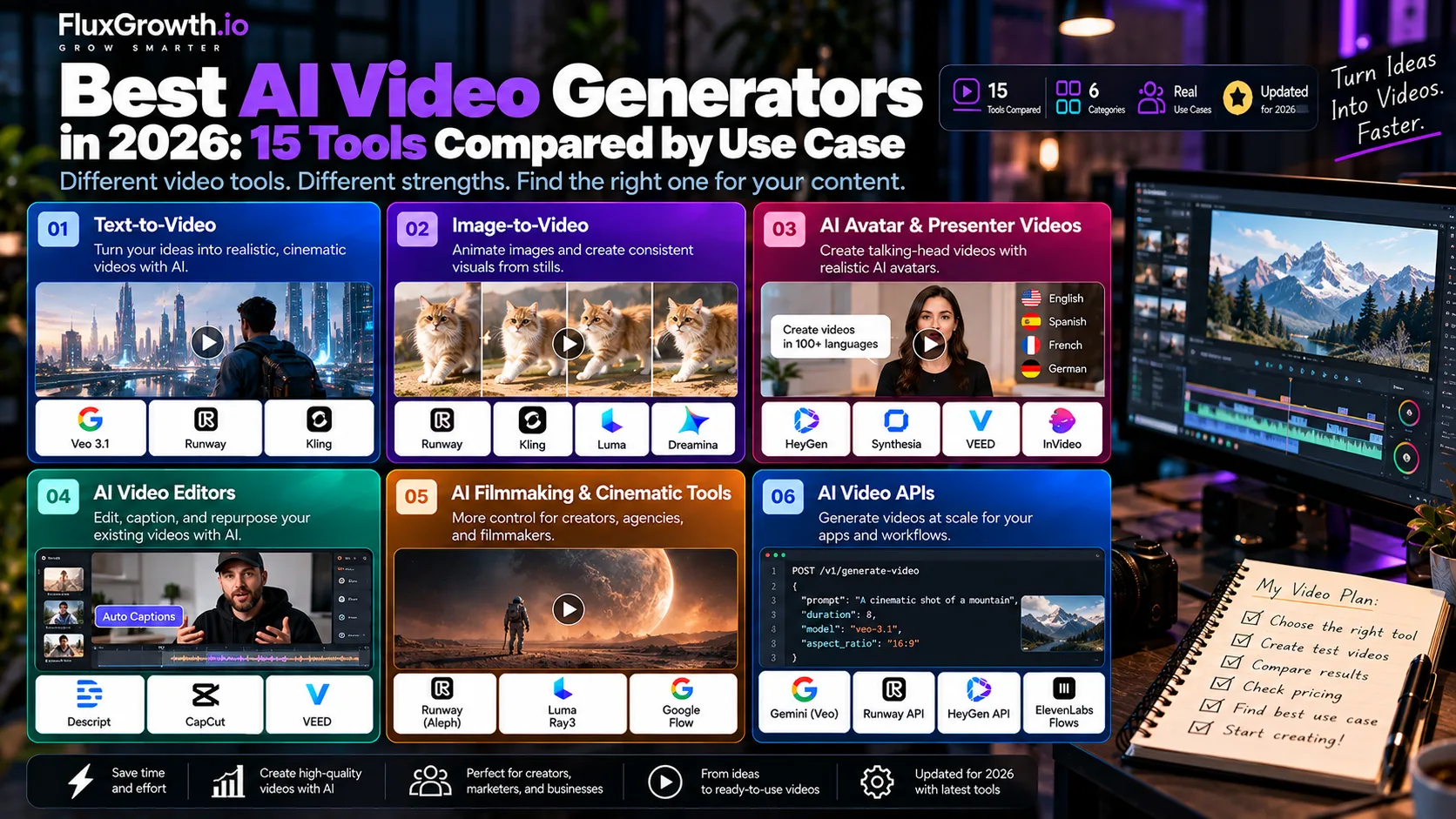 Best AI video generators in 2026 infographic grouping 15 tools into six categories, from text-to-video to video APIs