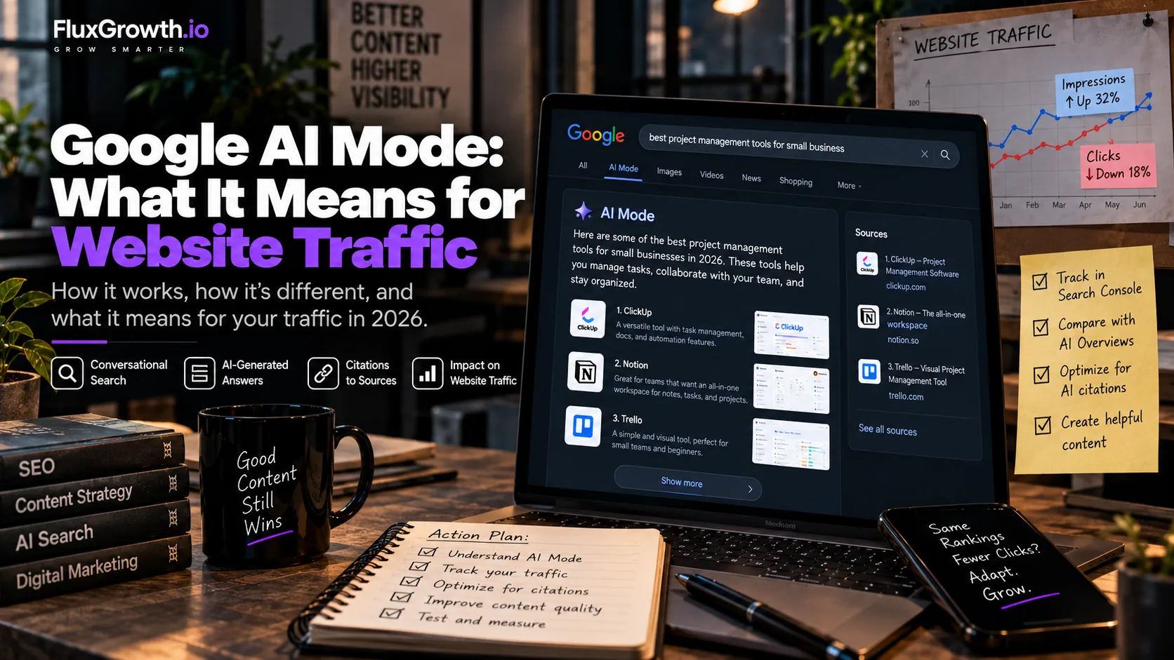 Google AI Mode traffic: AI Mode answer with cited sources on a laptop, next to a chart of impressions up and clicks down