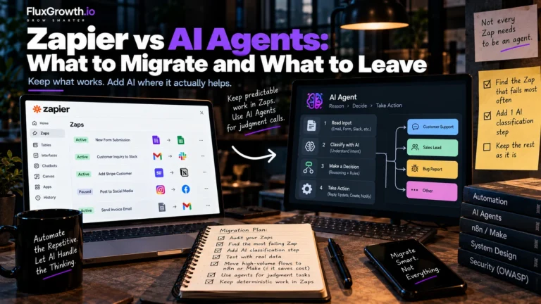 Zapier vs AI agents: Zapier dashboard on a laptop beside an AI agent that classifies and routes tasks, with a migration plan