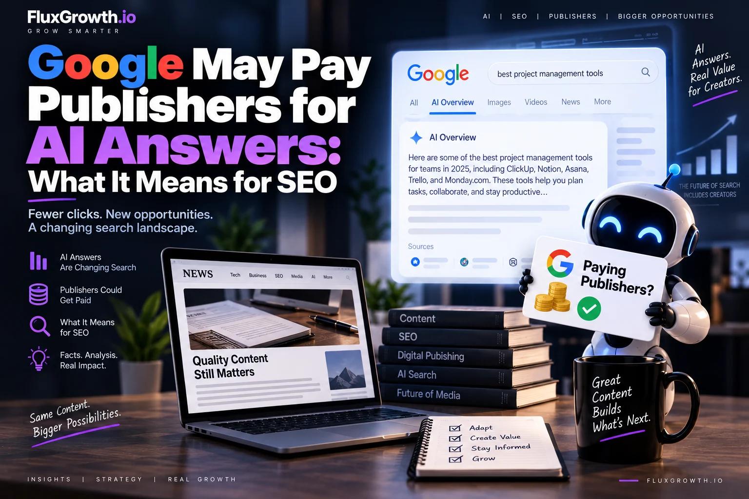 FluxGrowth feature image on Google paying publishers for AI answers, with an AI Overview result and a robot masco