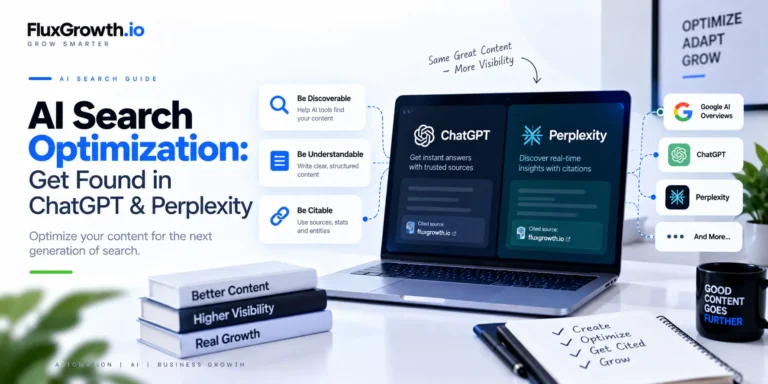 AI search optimization graphic showing ChatGPT and Perplexity citing fluxgrowth.io as a trusted source