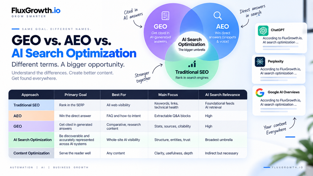 GEO vs. AEO vs. AI search optimization comparison showing how SEO, answer engines, and generative search work together.