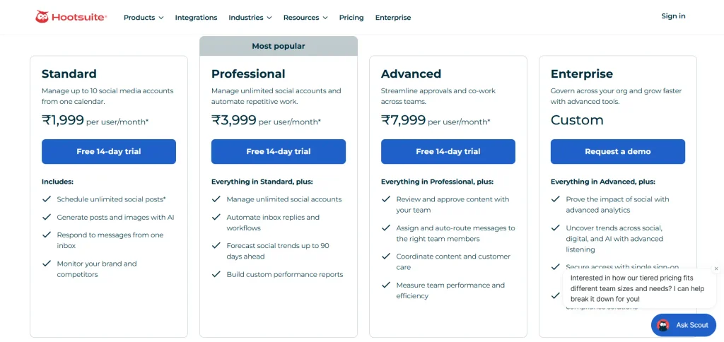 Hootsuite pricing plans showing Standard, Professional, Advanced, and Enterprise options with monthly per-user pricing.