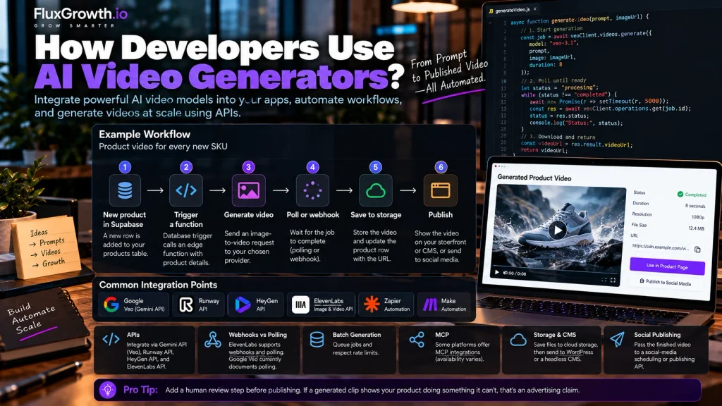 How developers use AI video generators: automated pipeline from a Supabase product row to a published video