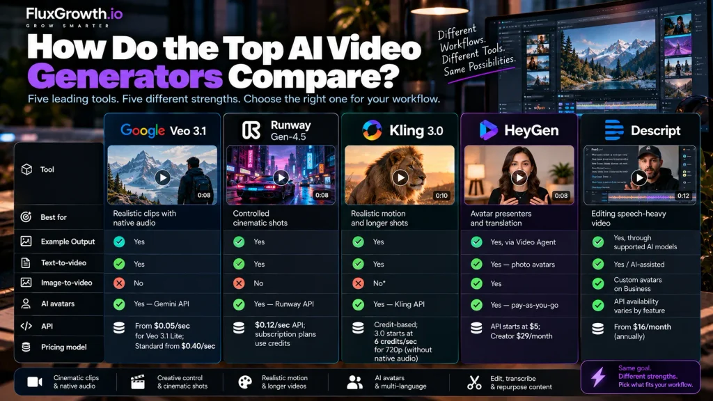 Comparison chart of Veo 3.1, Runway Gen-4.5, Kling 3.0, HeyGen, and Descript by capability and API access