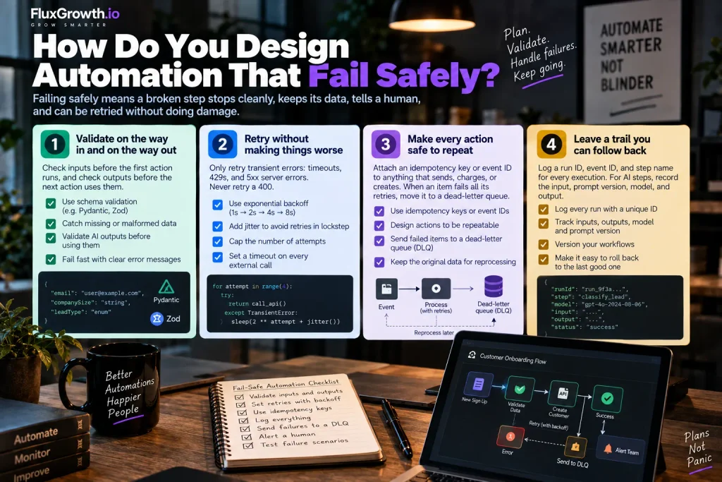Four fail-safe automation patterns: validation, backoff retries, idempotency with a dead-letter queue, and logging