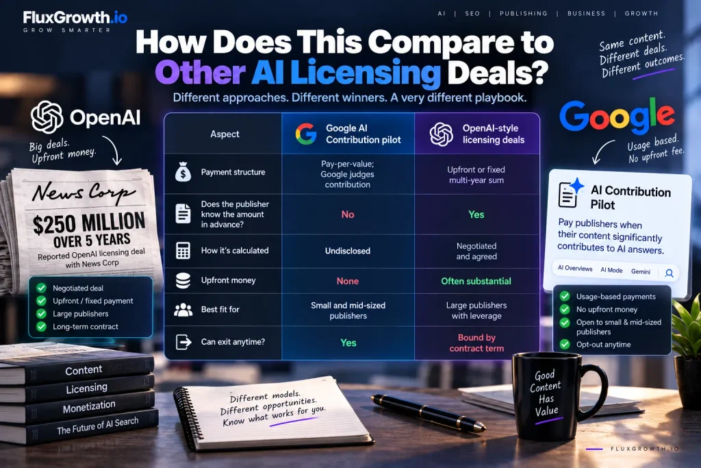 Comparison of Google's AI Contribution pilot vs OpenAI-style licensing deals for publishers, across payment and exit terms
