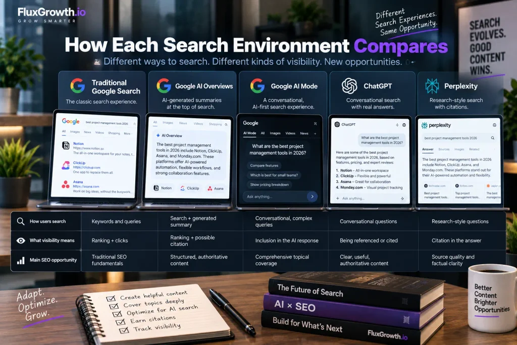 Comparison table of five search environments in 2026 — Traditional Google, AI Overviews, AI Mode, ChatGPT, and Perplexity — by visibility and SEO