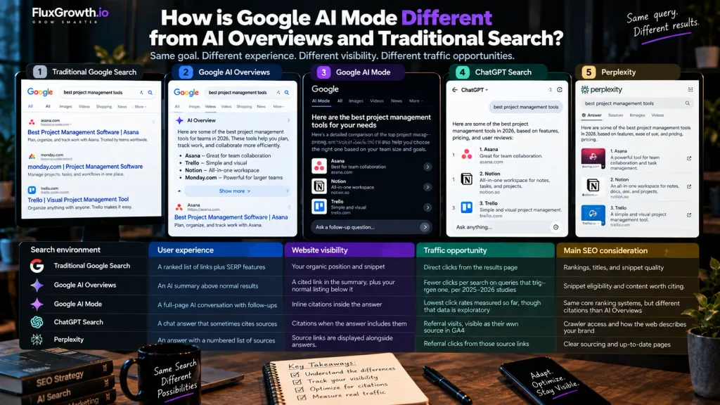 Google AI Mode compared with AI Overviews, traditional search, ChatGPT and Perplexity for the same query