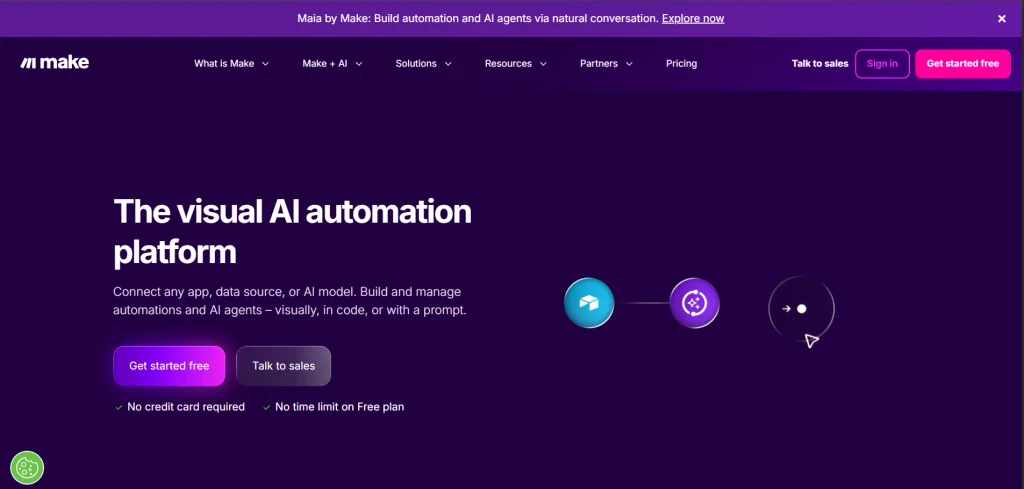 Make homepage with the headline "The visual AI automation platform" and a Get started free button