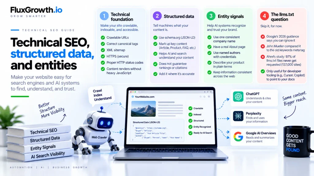 Technical SEO, structured data, and entity signals infographic showing how websites become easier for search engines and AI systems to crawl, understand, and discover.