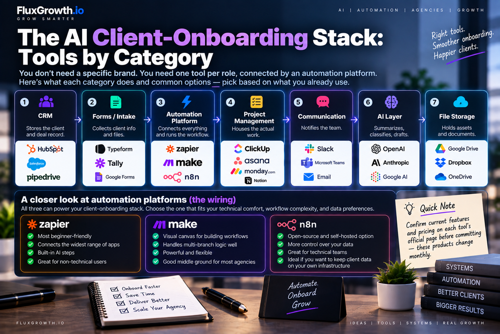AI automation for agencies: a 6-step client-onboarding workflow from intake form to kickoff, plus the essential tool stack