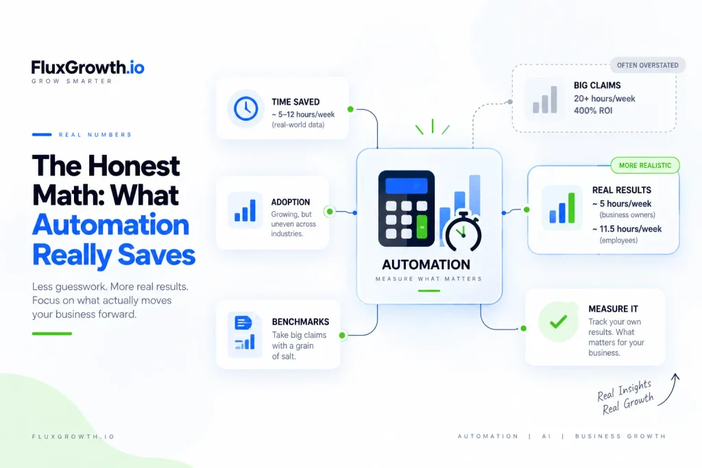 Chart contrasting overstated automation claims of 20+ hours a week with realistic savings near 5 hours a week for owners