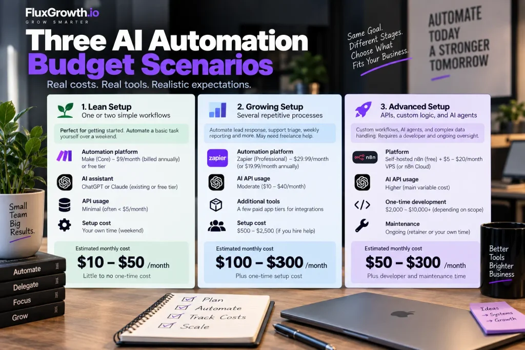 Three AI automation budget scenarios for a small business: lean, growing, and advanced, with monthly cost ranges