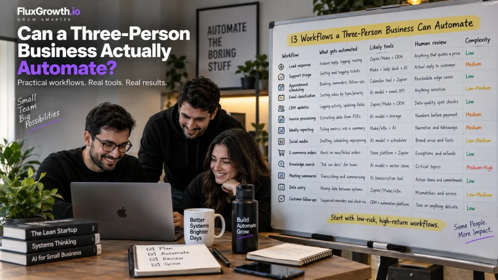 Whiteboard listing 13 workflows a three-person business can automate, with tools, human-review needs, and complexity levels