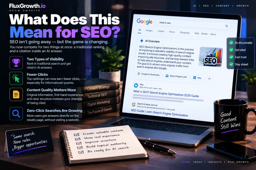 What AI search means for SEO — two types of visibility, fewer clicks, content quality, and growing zero-click searches