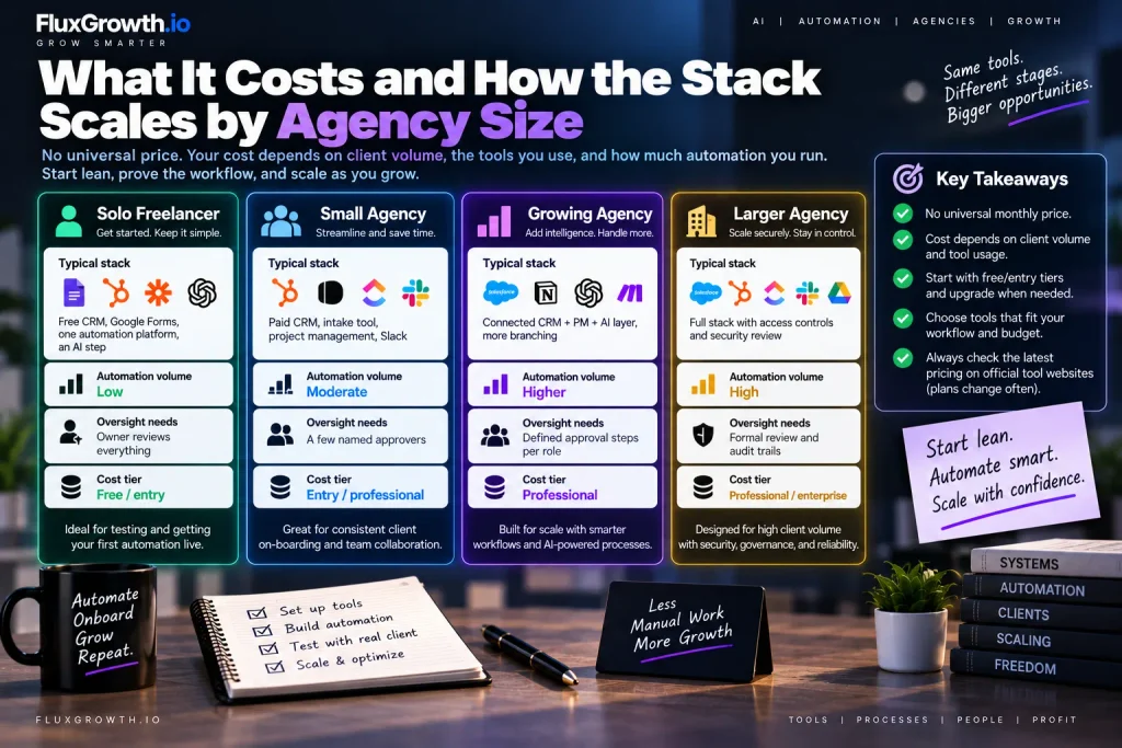 AI client-onboarding stack by agency size: solo freelancer, small, growing, and larger agency, with tools, automation volume, and cost tier