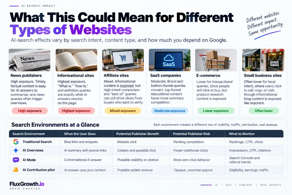 AI search impact by website type — news, informational, affiliate, SaaS, e-commerce, small business — plus a search table
