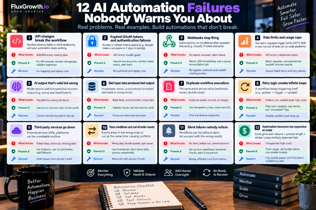 Infographic of 12 AI automation failures, each with what breaks, how to prevent it, and how to recover