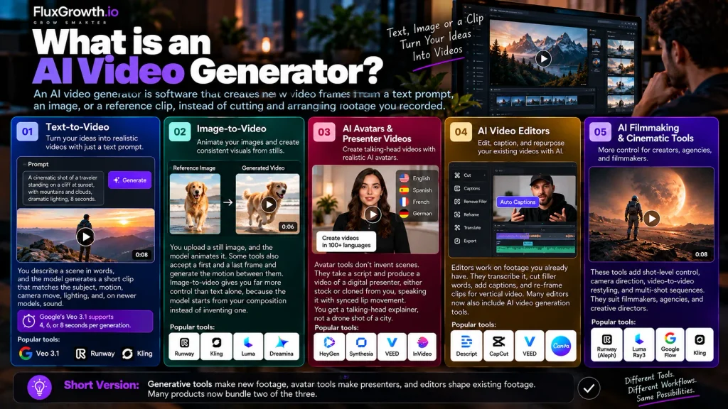 What is an AI video generator infographic explaining text-to-video, image-to-video, avatars, editors, and cinematic tools