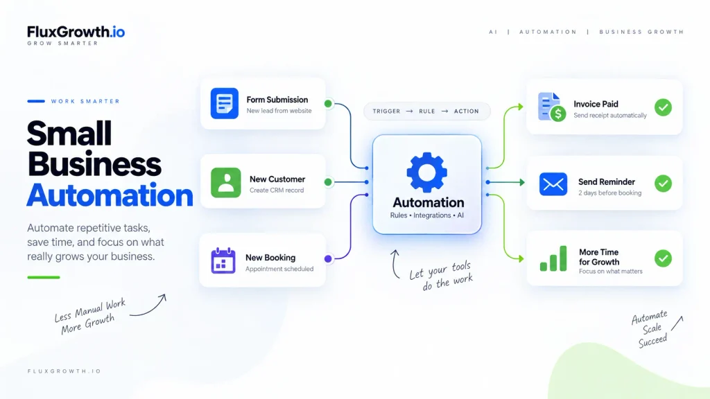 Small business automation diagram: form, customer, and booking triggers automated into receipts, reminders, and growth