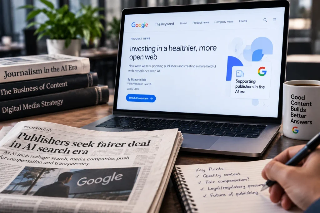 Google blog post on supporting publishers in the AI era next to a newspaper on publishers seeking a fairer deal