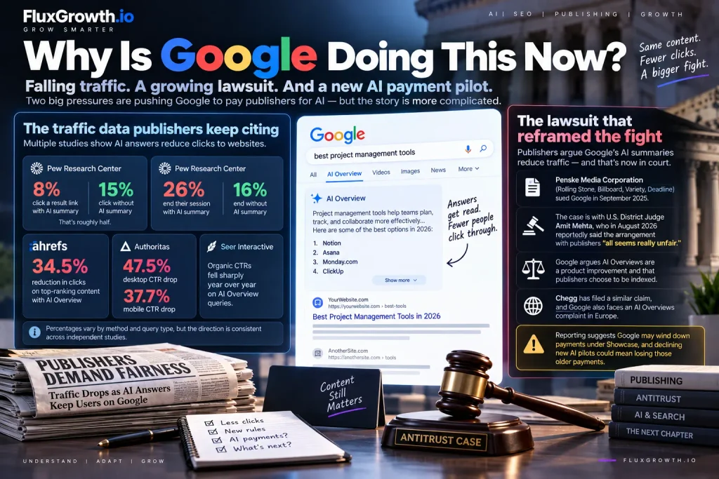 Infographic on why Google is paying publishers now: AI Overview traffic-drop stats and the Penske antitrust lawsuit summary