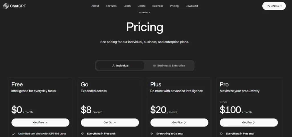 ChatGPT pricing page showing individual plans: Free at $0, Go at $8, Plus at $20, and Pro from $100 per month