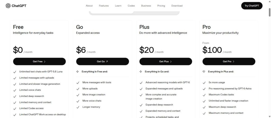 ChatGPT pricing plans 2026: Free, Go, Plus and Pro