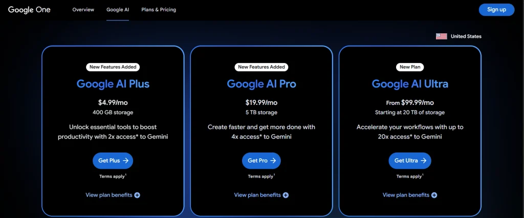 Google AI plan pricing in the US: AI Plus $4.99, AI Pro $19.99, and AI Ultra from $99.99 per month
