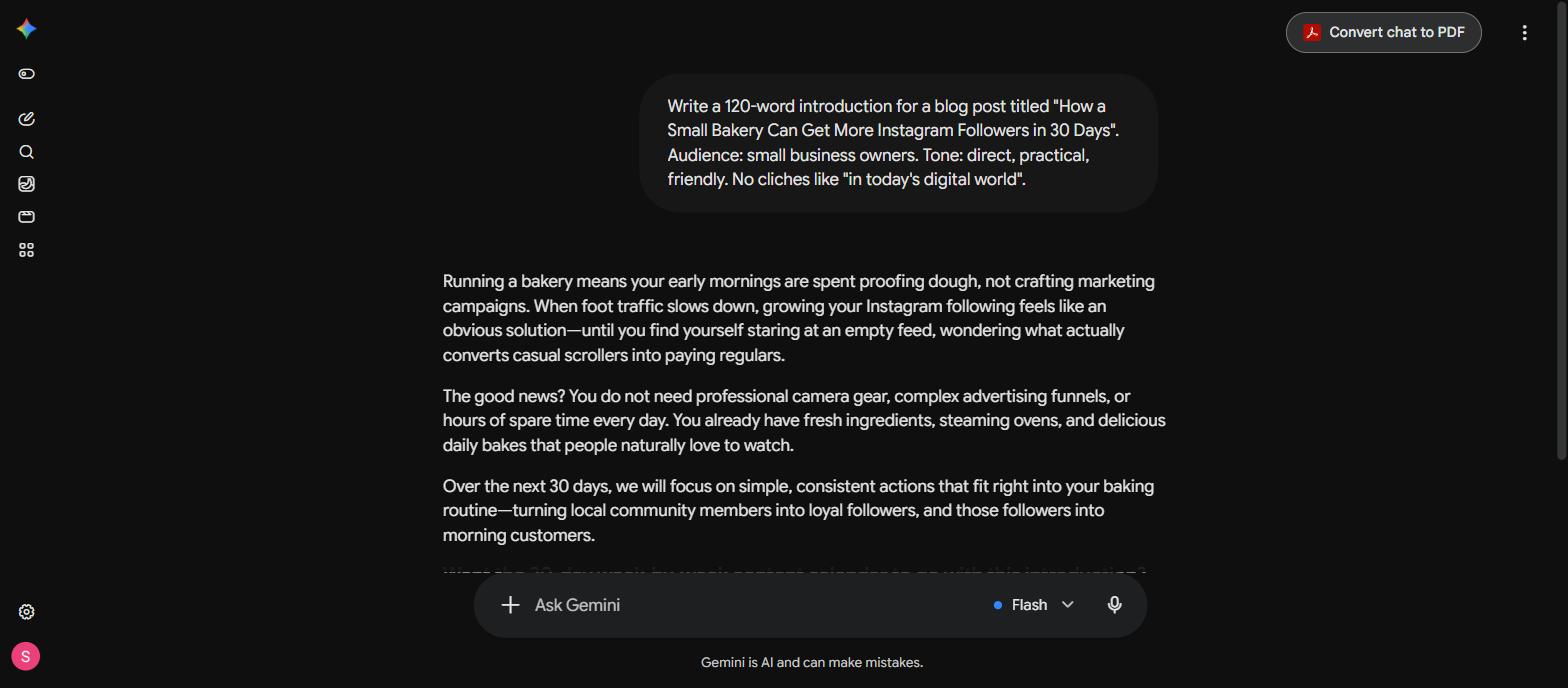 Gemini Flash draft from the same content writing test prompt
